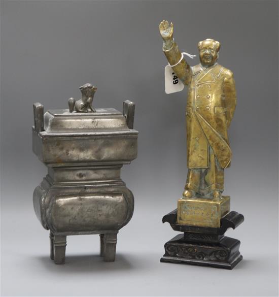 A Chinese model of Chairman Mao and a Chinese iron censer tallest 37cm